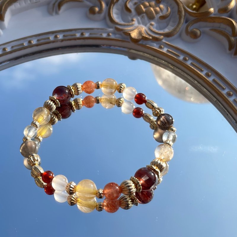 /紅色燭光/黃膠花 金髮晶 金太陽紅膠花 白水晶 月光石 黑金骨幹 - 手鍊/手環 - 水晶 多色