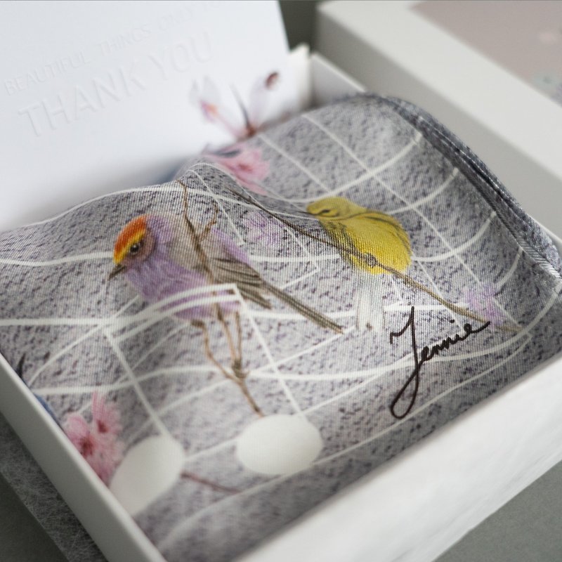 Jennie Tsai - Sweet Bird Voice Note Light Blue- Square Silk Scarf-Christmas Gift Box - ผ้าพันคอ - ผ้าไหม สีน้ำเงิน