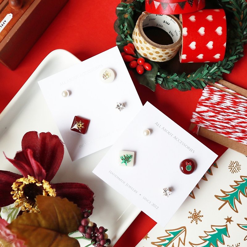 聖誕限定系列- 聖誕小鑽石四件組耳環/耳夾 - 耳環/耳夾 - 其他材質 紅色