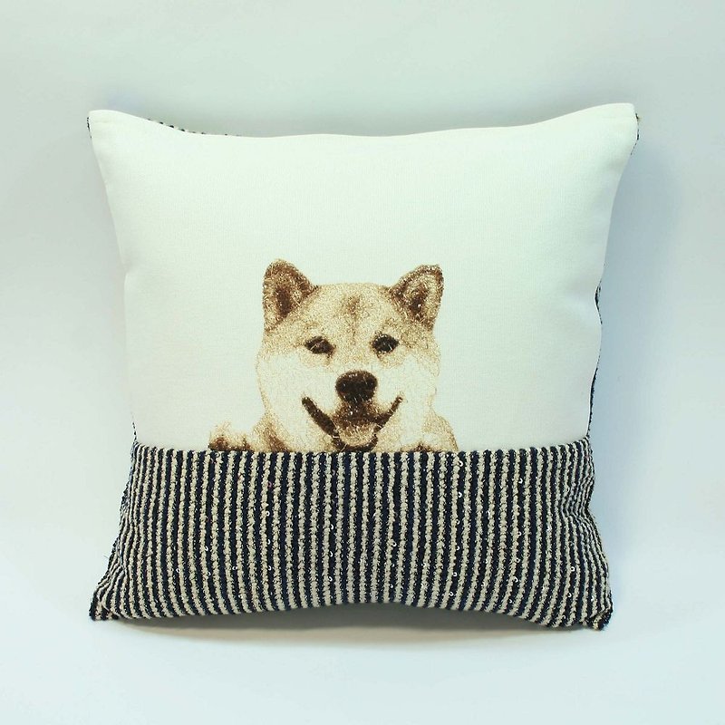 Embroidery small pillow 08- Shiba - หมอน - ผ้าฝ้าย/ผ้าลินิน สีน้ำเงิน