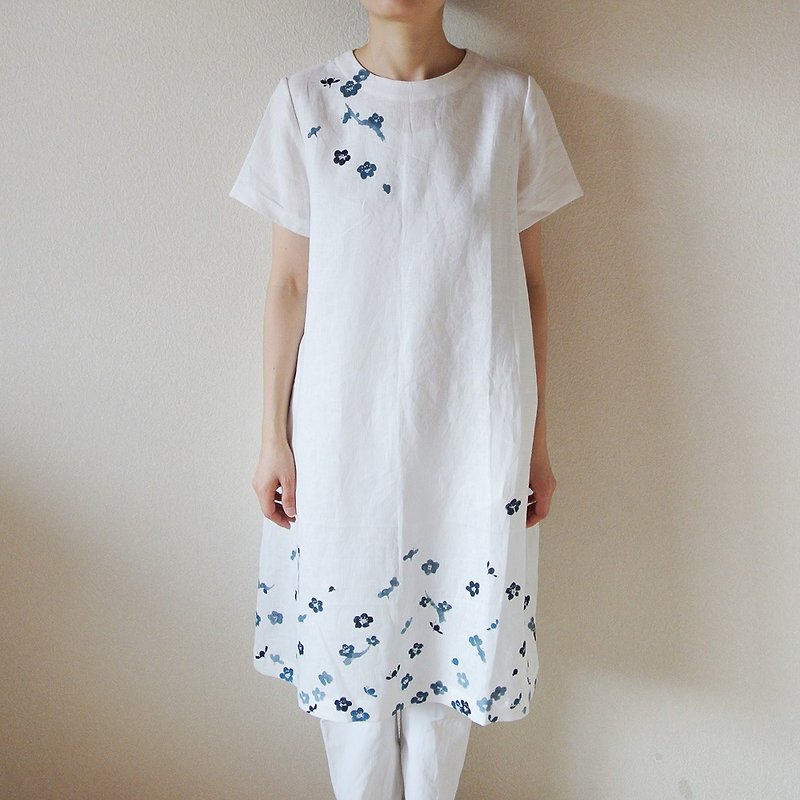 Linen, short sleeve dress, white ome - ชุดเดรส - ผ้าฝ้าย/ผ้าลินิน ขาว