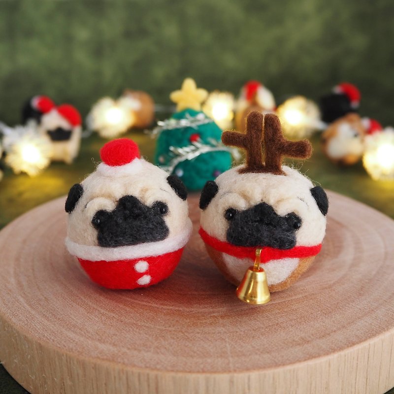 Mayu Pugs Santa and Reindeer Set (Fawn, Black) Wool Felt