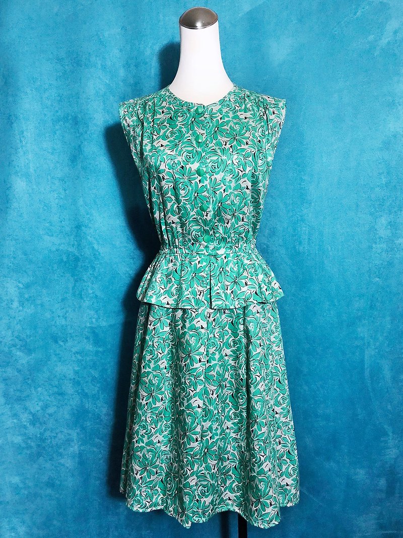 Pingpong vintage [Vintage dress / green rose lotus sleeveless vintage dress] bring back VINTAGE - One Piece Dresses - Polyester Green