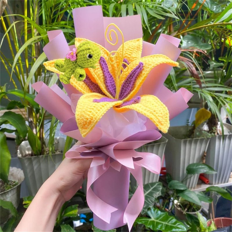 鉤針太陽花變色龍花花束 - 乾燥花/永生花 - 棉．麻 紫色