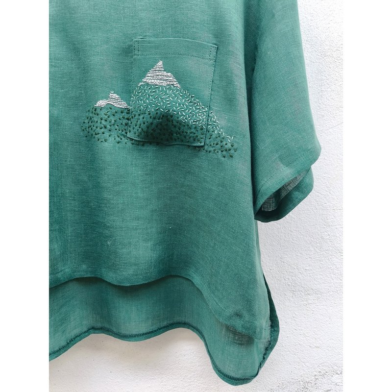 Embroidery | Linen | Round neck shirt, short sleeves, green - 女上衣/長袖上衣 - 棉．麻 綠色