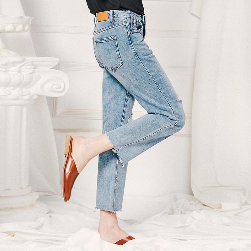 Anne Chen 2018 summer new style literary women's solid color hole jeans - กางเกงขายาว - ผ้าฝ้าย/ผ้าลินิน สีน้ำเงิน