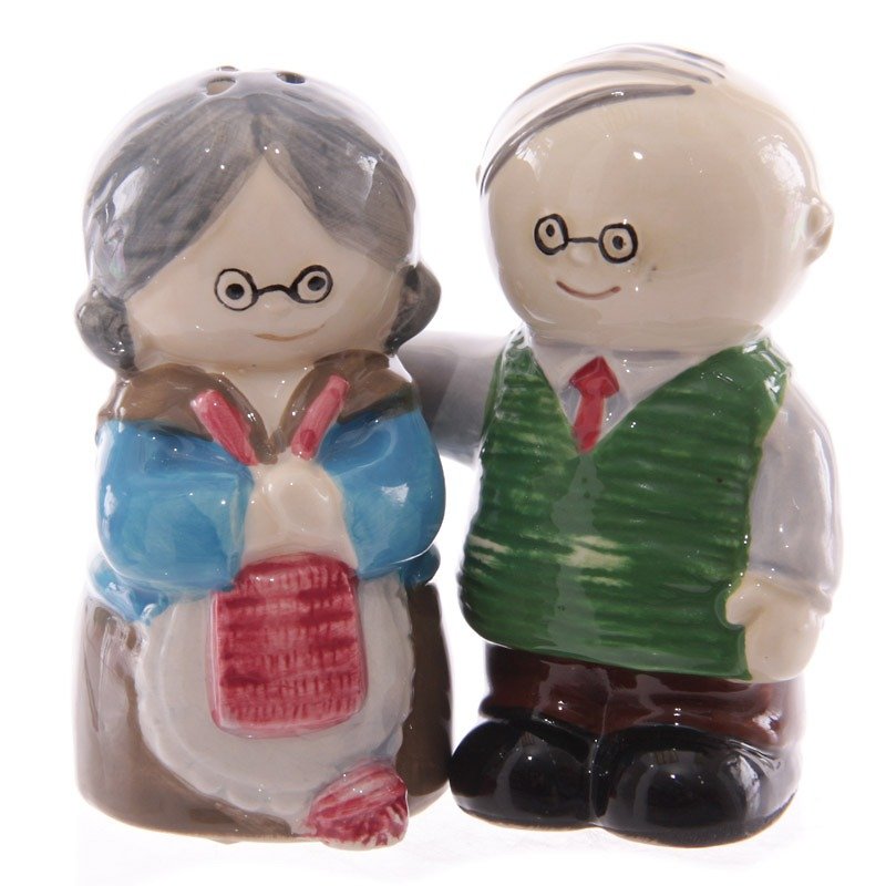 Happy retired grandparents and salt and pepper shakers group - Food Storage - Porcelain Multicolor