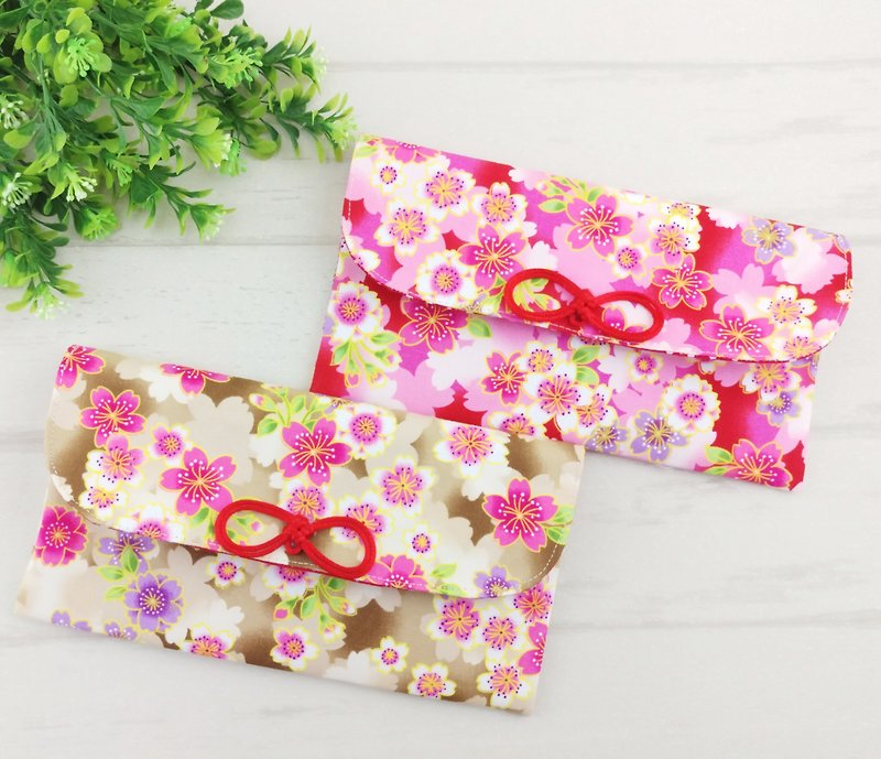 織り目加工の桜 -  2色はオプションです。布赤袋／子供用カトラリー袋（無料刺繍名） - 財布 - コットン・麻 ゴールド