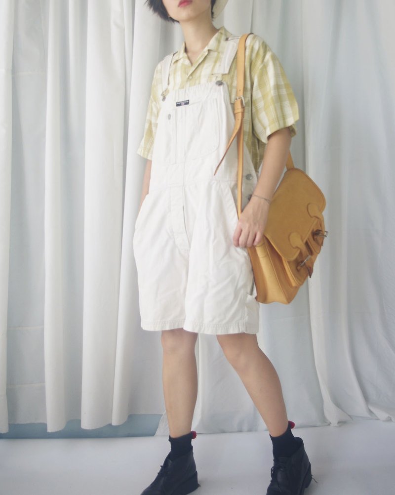 Treasure hunt vintage - summer refreshing beige white POLO strap shorts - จัมพ์สูท - ผ้าฝ้าย/ผ้าลินิน ขาว