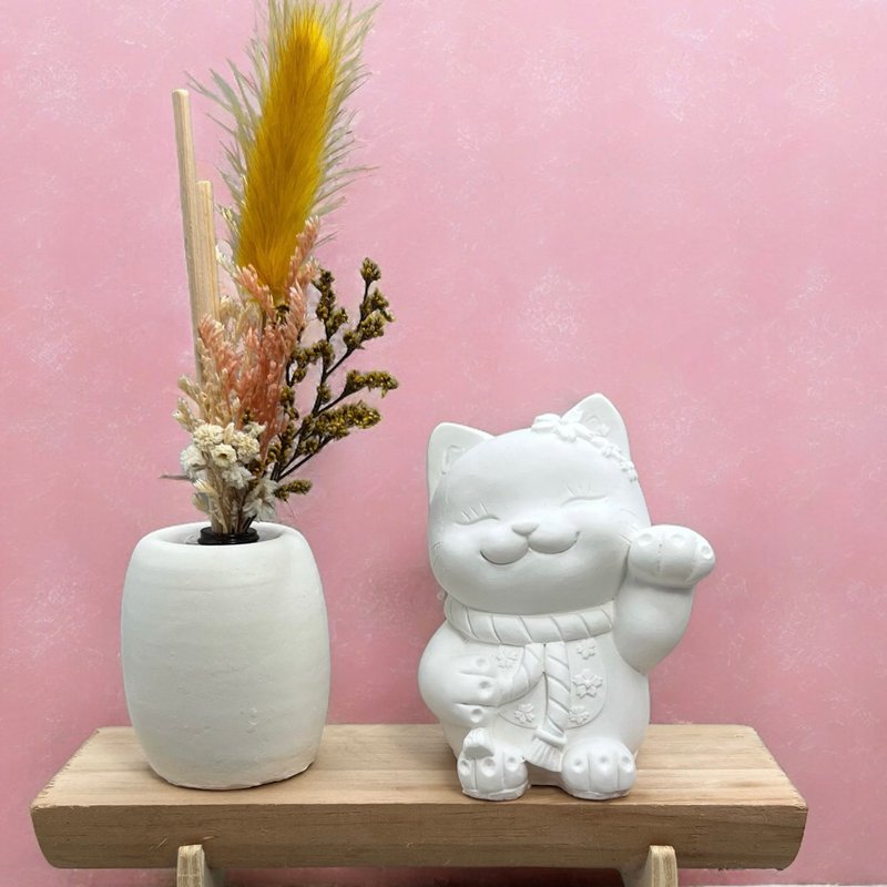 Fast shipping, multi-color flower-eared lucky cat log base series with eternal vase is the first choice for store opening gifts - Stuffed Dolls & Figurines - Cement Multicolor