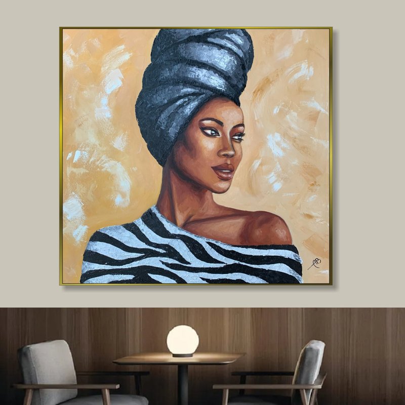 Abstract Realistic Woman Portrait Paintings On Canvas African Beauty in Warm - ตกแต่งผนัง - อะคริลิค หลากหลายสี