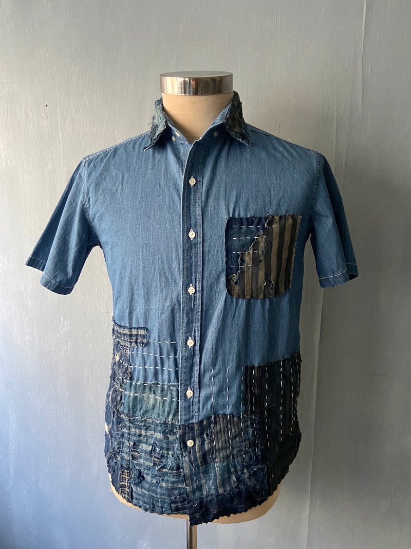 Boro 日本古布全手縫短袖恤衫 ( Size M ) - 男襯衫/休閒襯衫 - 棉．麻 