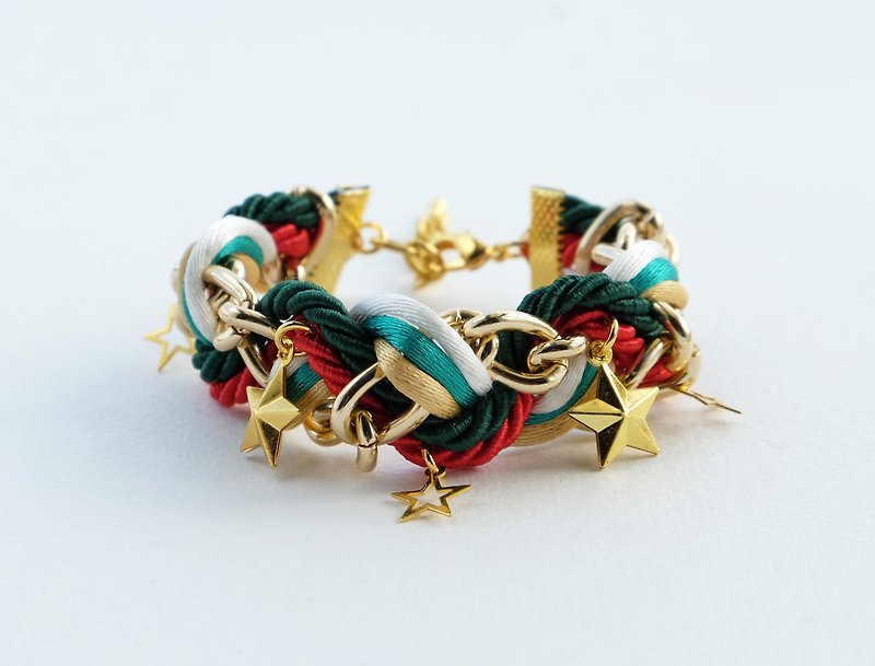 Christmas gift collection , Red/Green/White/Gold braided bracelet with chain and stars - Bracelets - Other Materials Green
