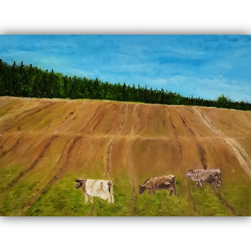 Cow Painting Landscape Original Art Animal Oil Painting Cow Wall Art Home Decor - 掛牆畫/海報 - 棉．麻 多色