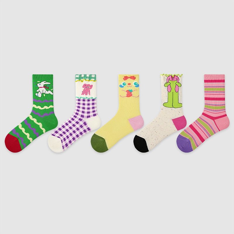 粉色甜美少女風櫻桃中筒襪  五雙組合女襪 - Socks - Cotton & Hemp 