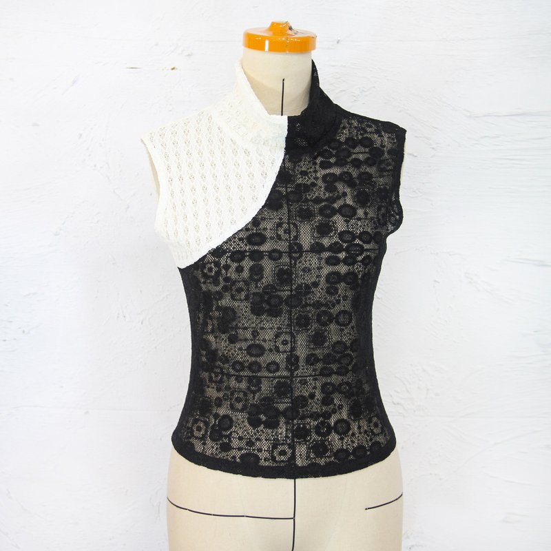 Aman No.72 Half Armor Tai Chi Elastic Sleeveless Lace Translucent Top Black and White Pop Style Stitching Pattern - Women's Vests - Other Materials 