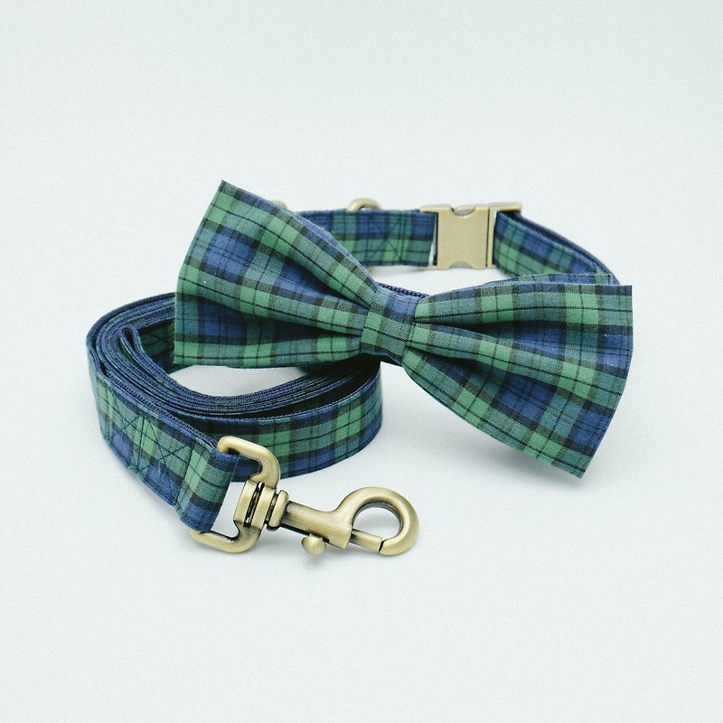 Bowtie Collar with Leash - Plaid Collection Navy/Green - ปลอกคอ - วัสดุอื่นๆ สีน้ำเงิน