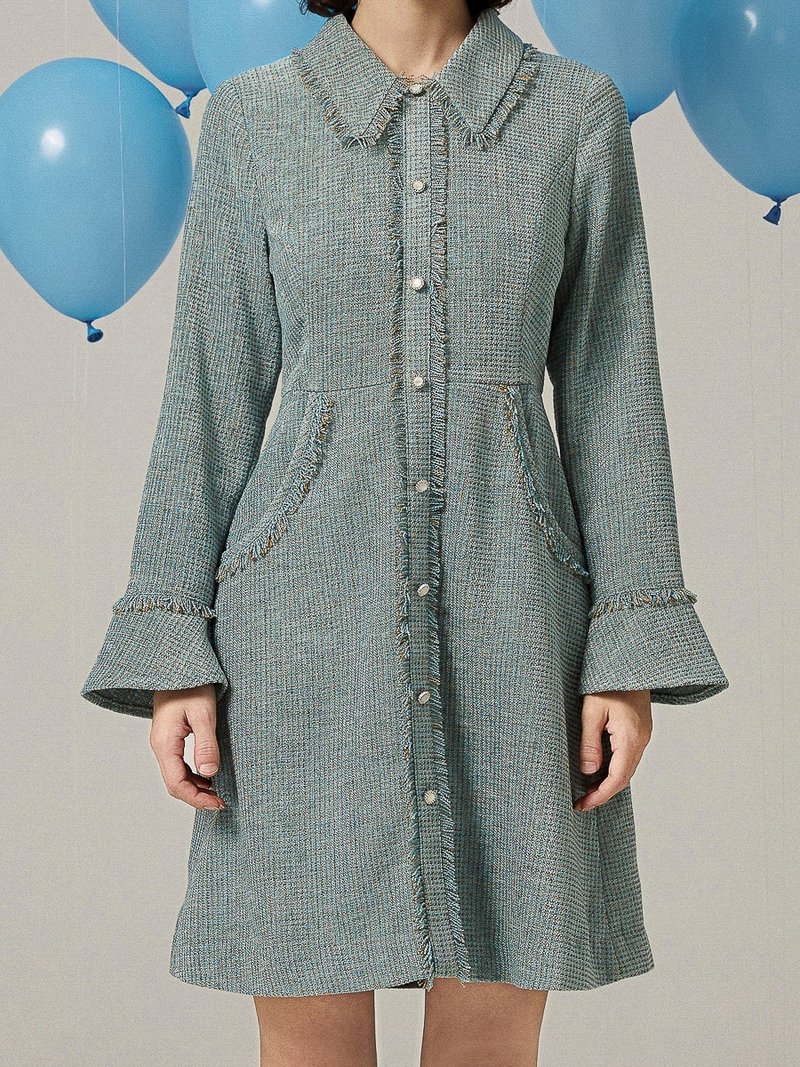 Nerak Sky Blue Tweed Dress - One Piece Dresses - Polyester Blue