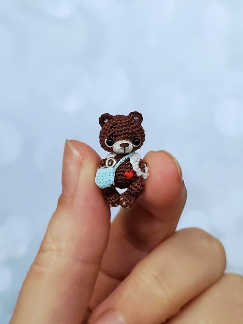 Microtoysby Extreme micro crocheted bear with accessories in mini dollhouse.Amigurumi animal