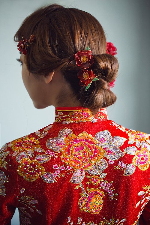 rosequeen 椿花 山茶花 中式造型秀禾服頭飾水晶花樹脂 新娘頭飾 髮叉