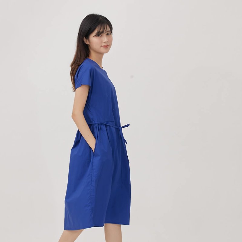 Mariam Plain tie Round neck Knee-length dress/Royal blue - One Piece Dresses - Cotton & Hemp Blue