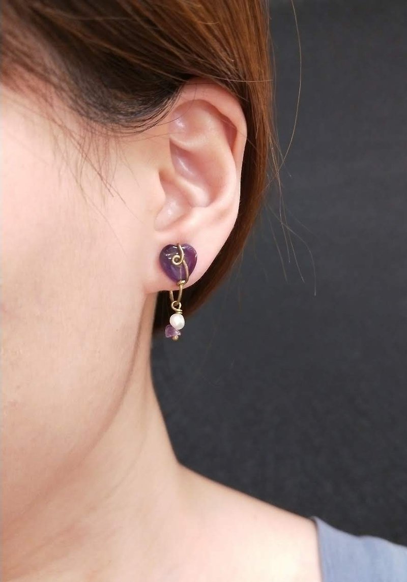 耳環。紫水晶*珍珠夾式耳環 - 耳環/耳夾 - 水晶 紫色
