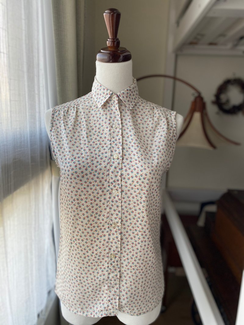 雙圖案休閒古著無袖襯衫 - 女襯衫 - 聚酯纖維 白色