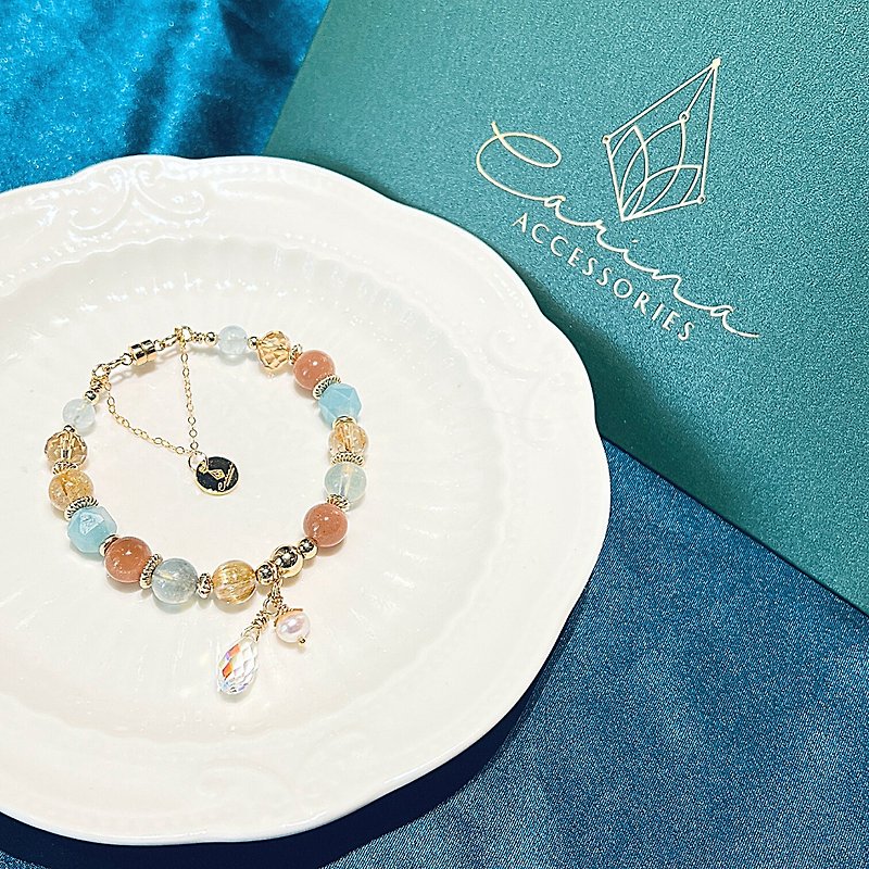 水晶 手鍊/手環 黃色 - carina accessories 開運水晶能量手鍊 海藍寶 天河石 橙月光石