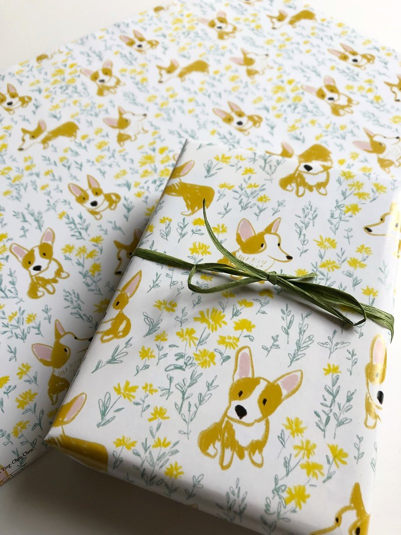 A set of 5 corgi dog wrapping paper in the garden - Wood, Bamboo & Paper - Paper White