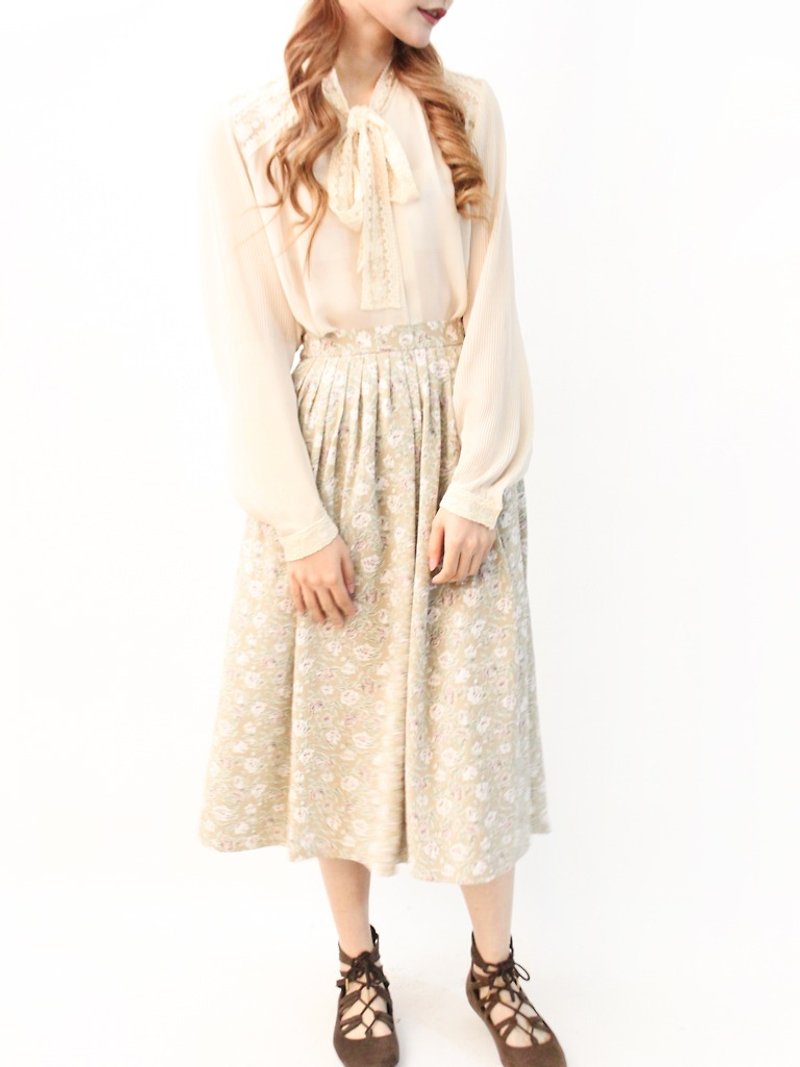 Vintage Summer Japanese Garden Style Floral Khaki Brown Vintage Dress Vintage Skirt - กระโปรง - เส้นใยสังเคราะห์ สีกากี