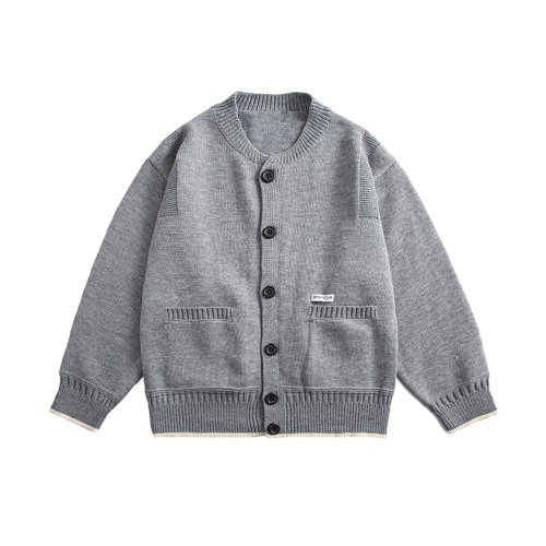 Gray 2 colors full color round neck pocket loose knit cardigan