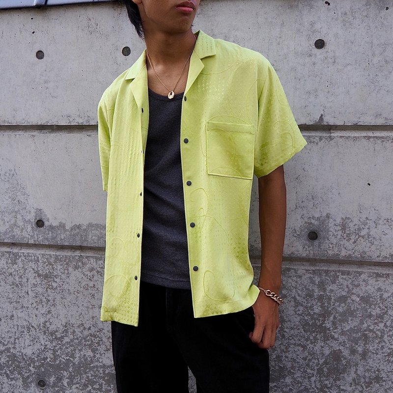 【日本製造】復古絲綢和服復刻版、男士 ML 襯衫、半袖、按扣 - 男襯衫/休閒襯衫 - 絲．絹 綠色