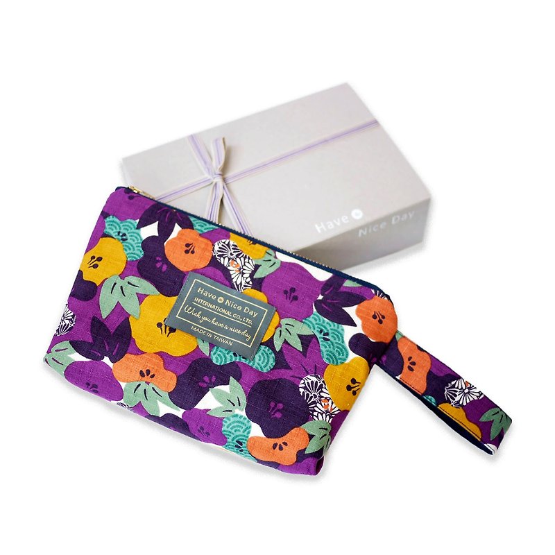 Have A Nice Day [One Bag in Hand] Carry Cosmetic Bag-Purple Flowers × Dark Blue - กระเป๋าเครื่องสำอาง - ผ้าฝ้าย/ผ้าลินิน สีม่วง