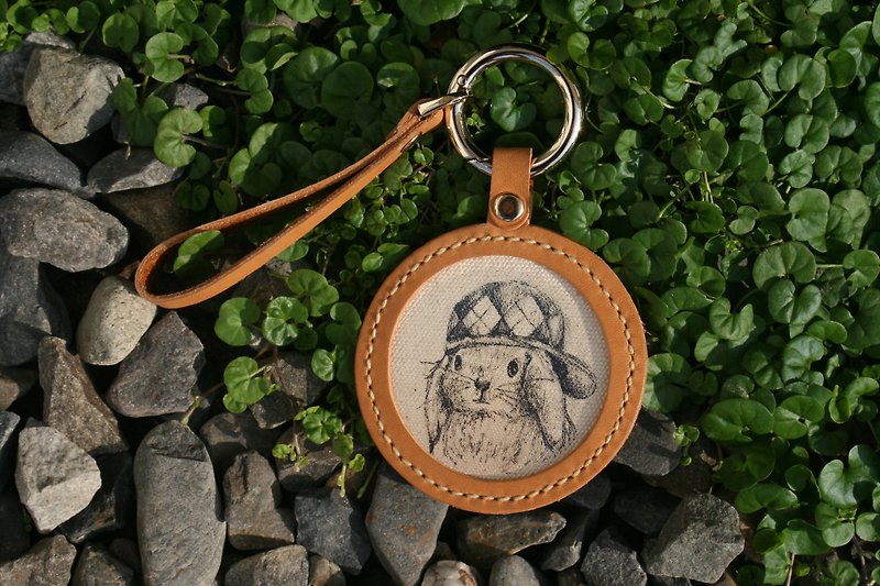 Handmade leather - pet sketch key ring - lop ear rabbit / can be engraved English name - Keychains - Genuine Leather Brown