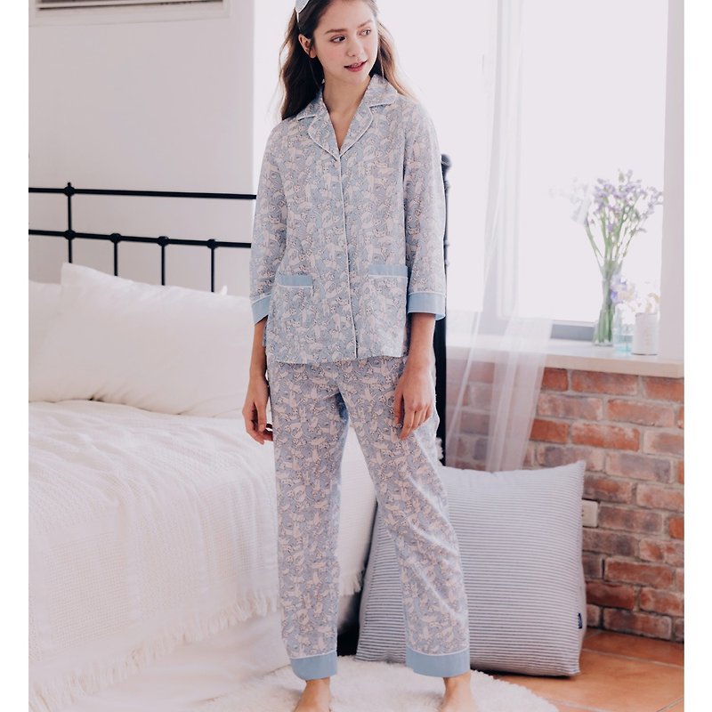 Homewear Chunshen shirt collar two-piece suit - Blue Cat - Other - Cotton & Hemp Blue