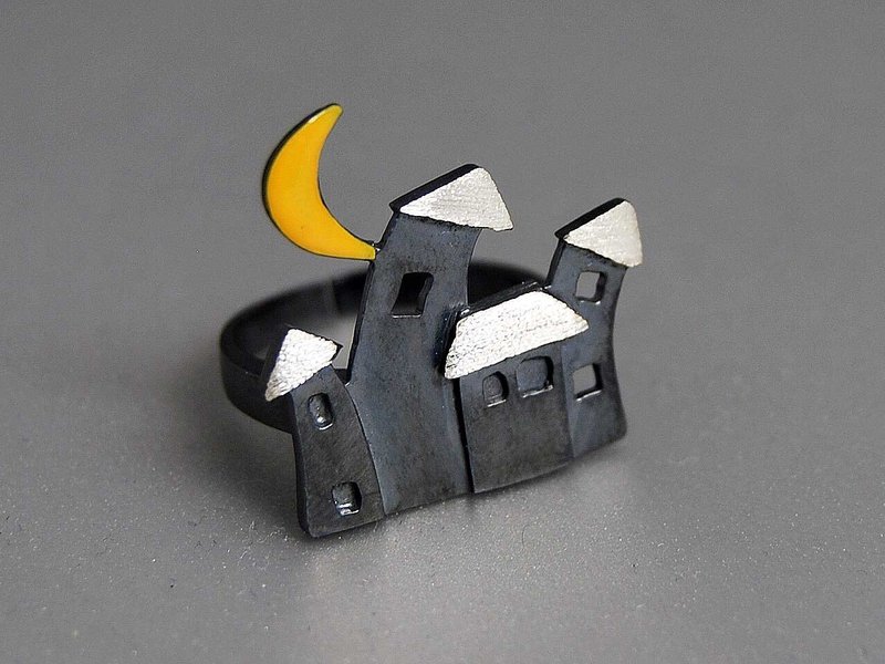 彼らの愛の記念日のギフトのR 037の下に調節可能なリング村デザインの誕生日の夜を開いた酸化銀黒月|ギリシャオリジナルハンドメイドジュエリーこれとそれ - リング・指輪 - 金属 