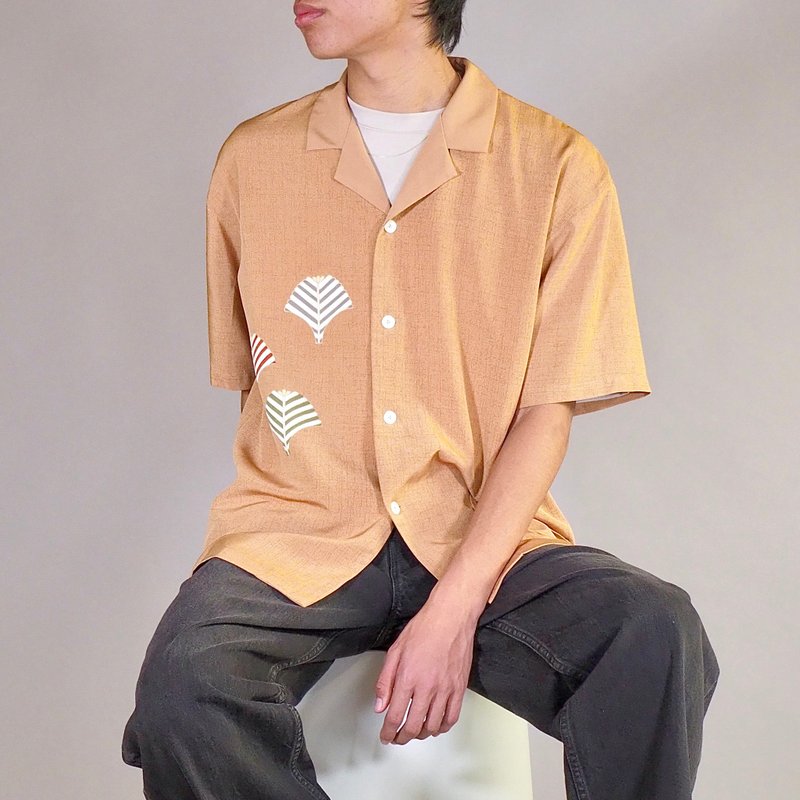 【日本製造】復古絲綢和服翻拍、男士襯衫 L、半袖襯衫 - 男襯衫/休閒襯衫 - 絲．絹 橘色