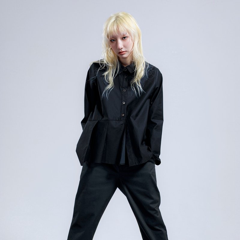 不對稱波浪襬襯衫 - 女襯衫 - 其他材質 黑色