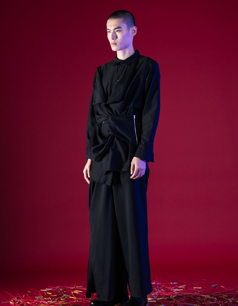 長袖襯衫/解構鏤空馬甲/23SS-INF - 男襯衫/休閒襯衫 - 棉．麻 黑色