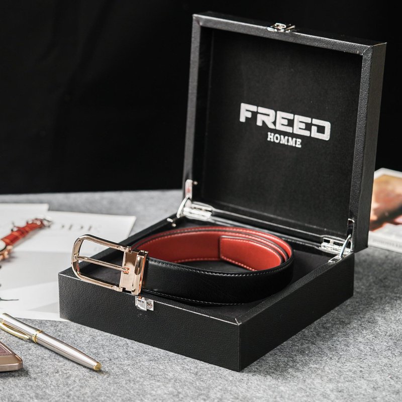【FREED】時尚金色馬蹄扣商務正式頭層牛皮男士皮帶 - 皮帶/腰帶 - 真皮 黑色