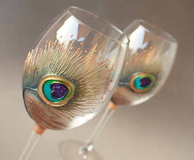 Wine Glasses Peacock Feather Hand-painted set of 2 - Shop NeA Glass Bar  Glasses & Drinkware - Pinkoi