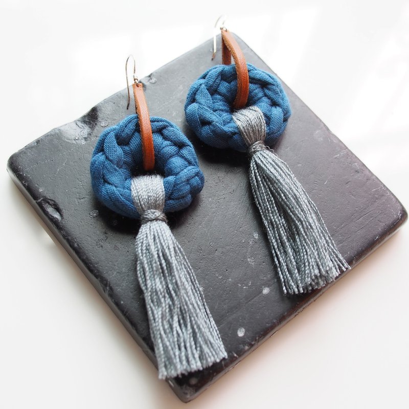 Handmade earring crochet circle shape navy blue and tassel - Earrings & Clip-ons - Other Materials Blue