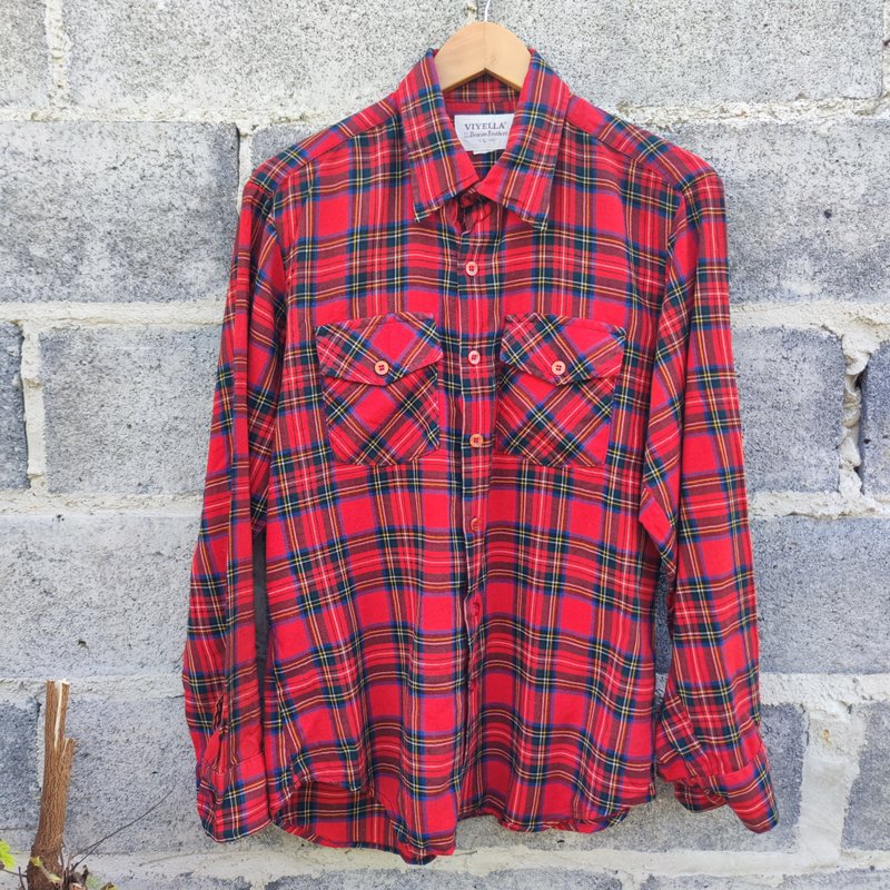 Vintage 70s DEACON BROTHERS Original Viyella Shirt Red Plaid - 男襯衫/休閒襯衫 - 棉．麻 紅色