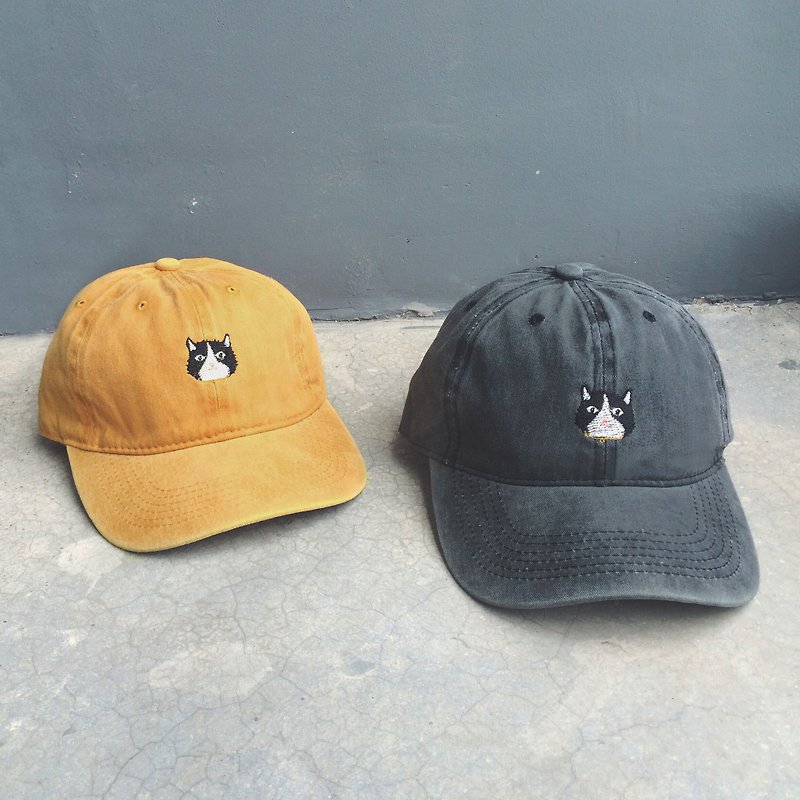 Cat embroidery cap / color > vintage dark grey , vintage yellow mustard - Hats & Caps - Other Materials Multicolor