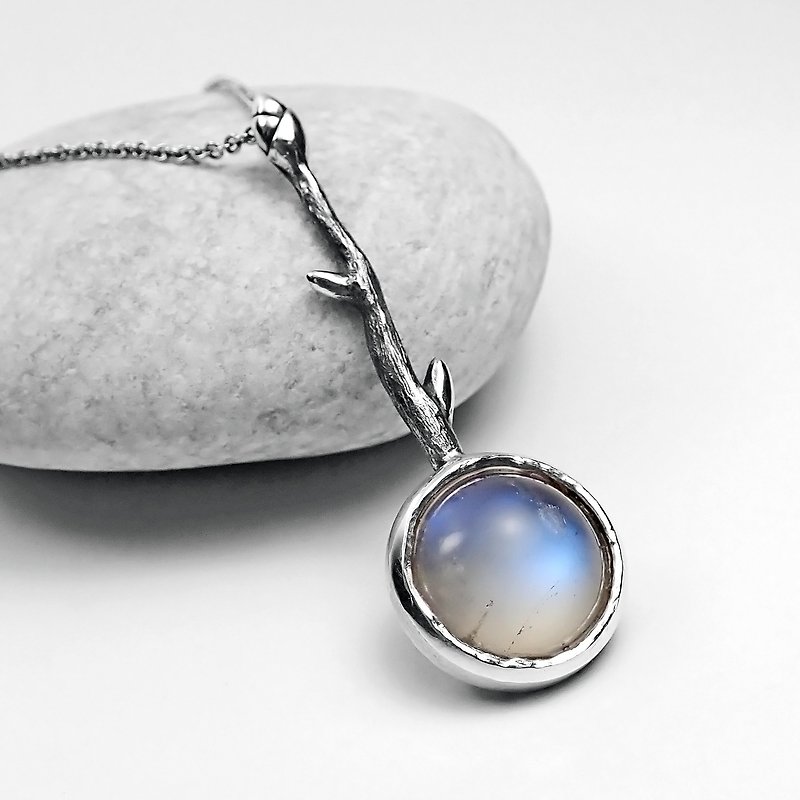 Forest Night Thoughts-Ya|Natural milky white blue halo egg surface moonstone branch pattern 925 sterling silver pendant. Necklace - Necklaces - Semi-Precious Stones Blue