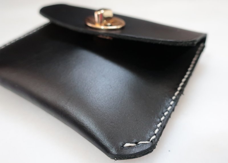 Hand-stitched classic black single-layer leather wallet / leather coin purse card case custom lettering - Coin Purses - Genuine Leather Black