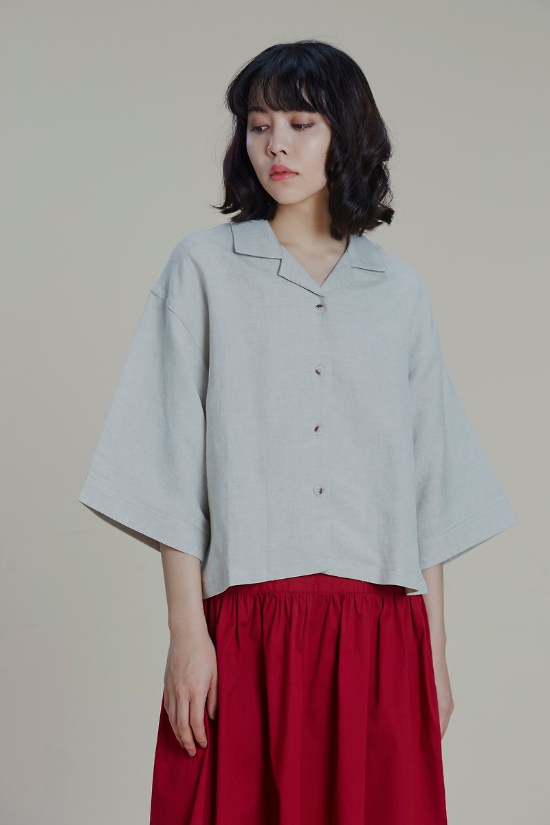 Shan Yong grey national collar linen shirt top - เสื้อเชิ้ตผู้หญิง - ผ้าฝ้าย/ผ้าลินิน 