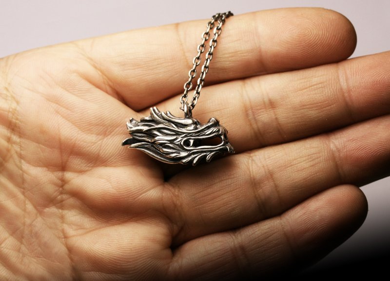 Three-dimensional large dragon head necklace - Necklaces - Other Metals Silver