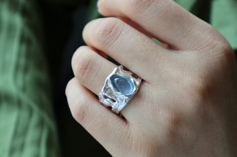 Natural texture Silver inlaid aquamarine wide open ring - General Rings - Sterling Silver Silver