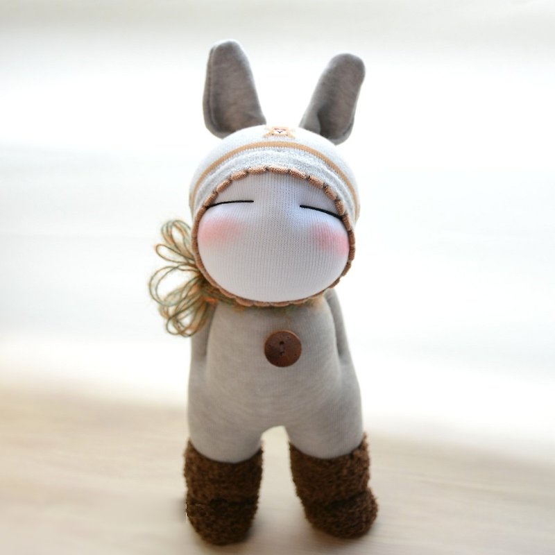 Fully hand-sewn natural style sock doll~ Khaki gray bunny dress girl-travel doll - ตุ๊กตา - ผ้าฝ้าย/ผ้าลินิน สีเทา